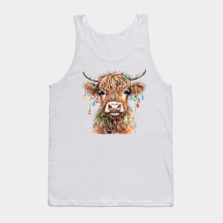 Baby Highland Cow With Christmas Lights Tank Top